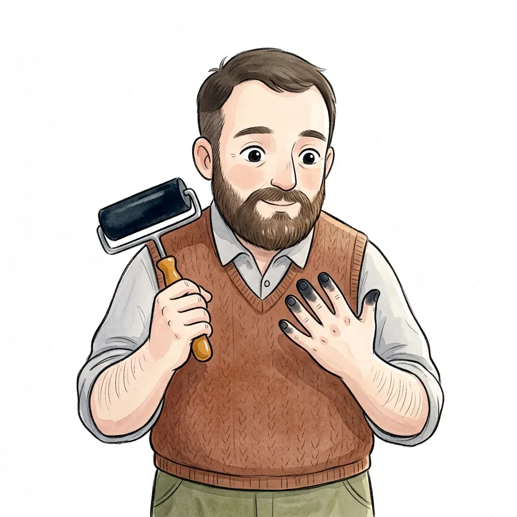 Ilustrace muže se zamazanými prsty od inkoustu, drží tiskařský váleček.